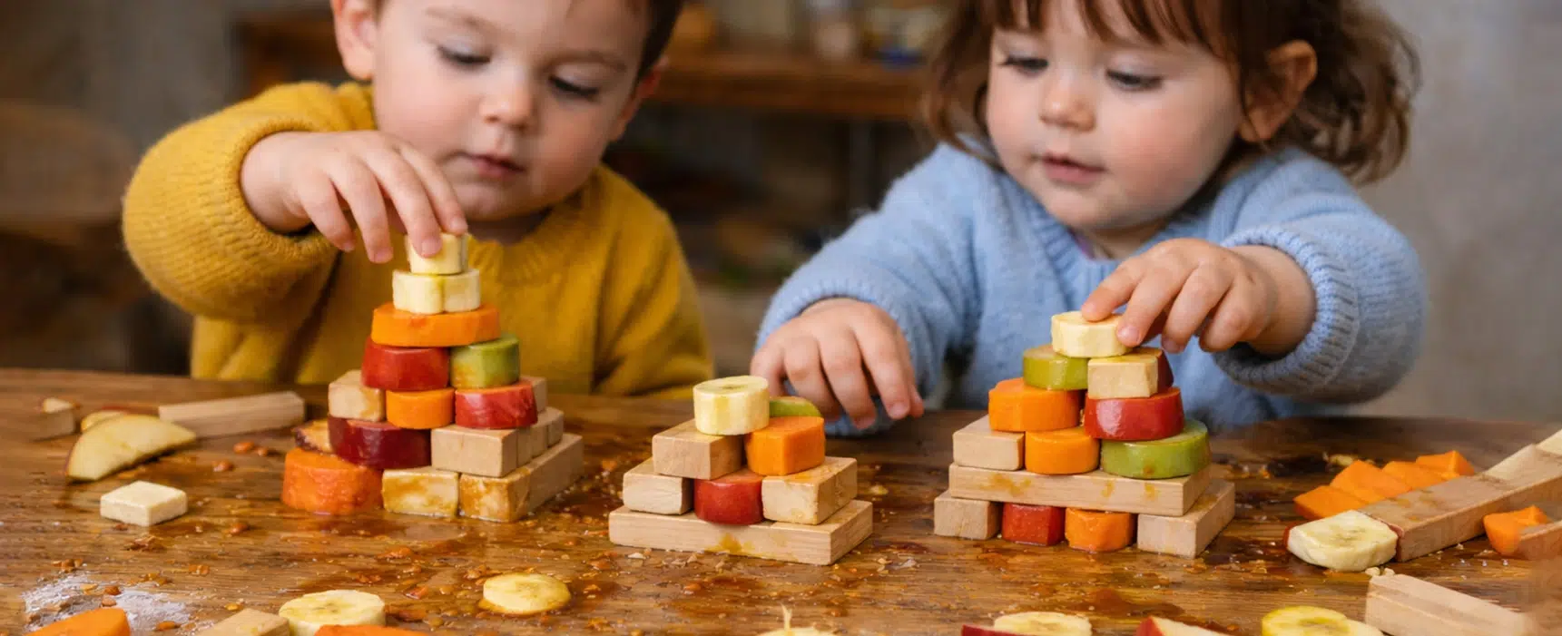 Enfants qui jouent avec des fruits à la crèche